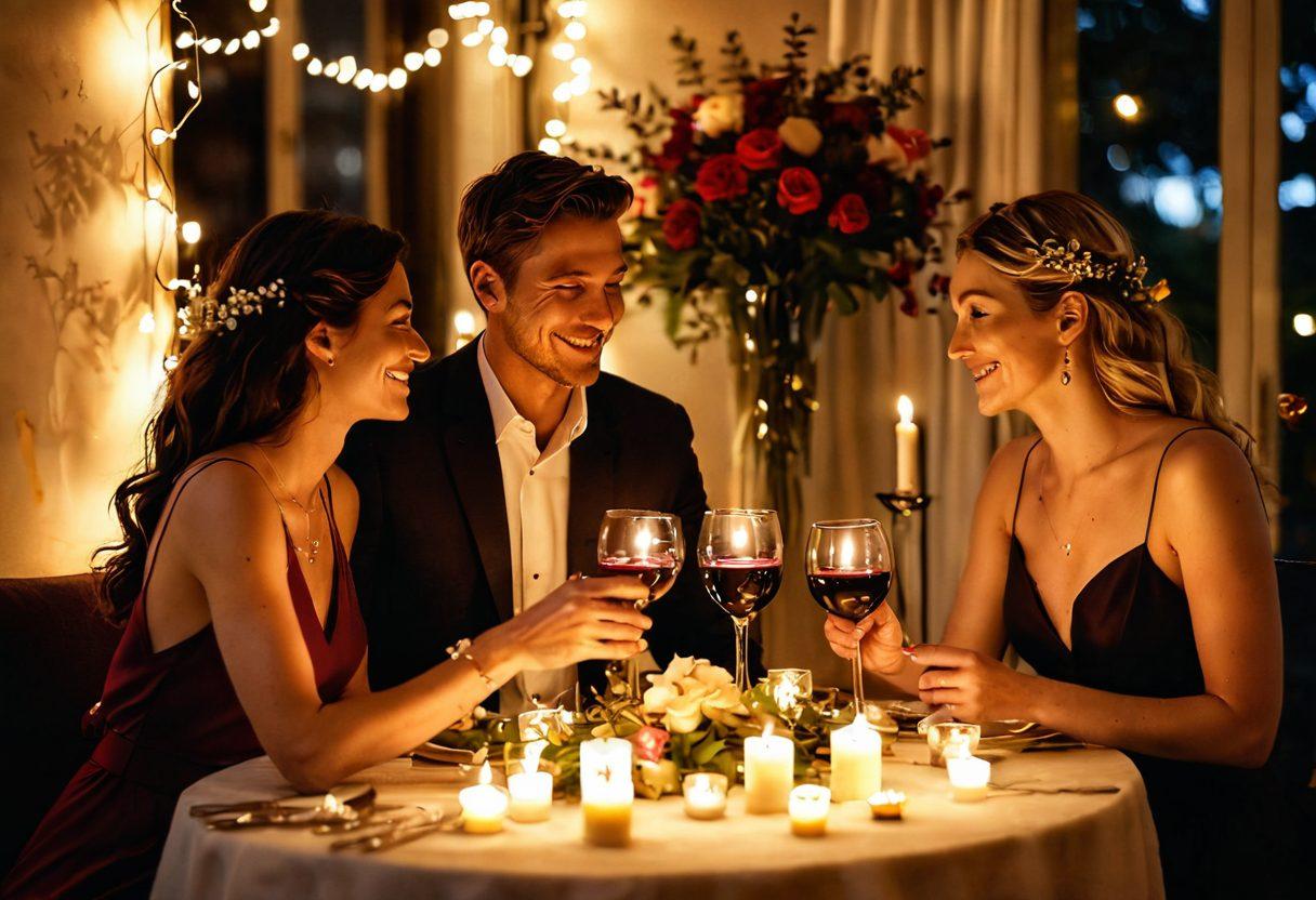 A romantic candle-lit dinner setting adorned with a beautifully set table, featuring two wine glasses filled with red wine, soft glowing candles, and delicate flower arrangements. Meanwhile, a couple is sharing a joyful moment, laughing as they lean in closer, radiating warmth and affection. Soft fairy lights twinkle in the background, creating an inviting atmosphere that sparks passion. vibrant colors. soft focus.