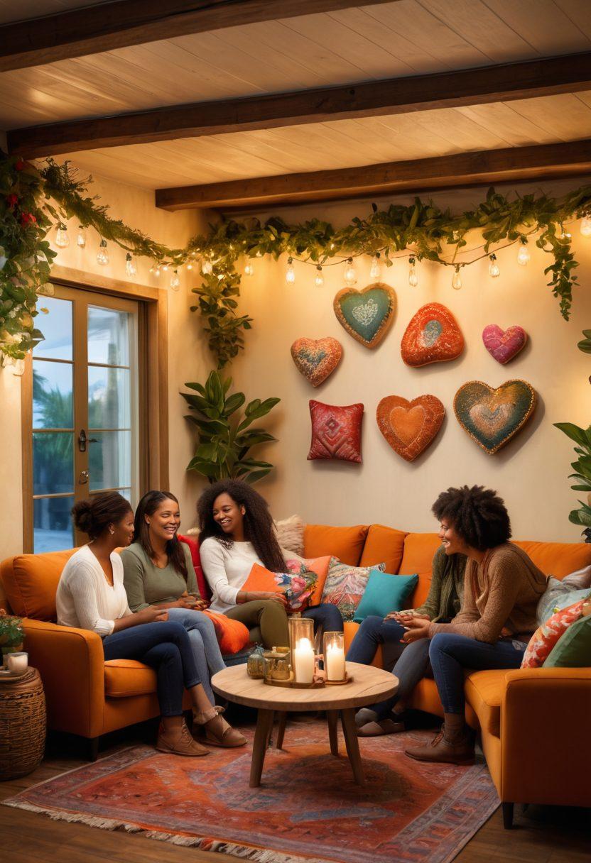A warm, inviting scene depicting a diverse group of people happily engaging in conversation, sharing stories, and exchanging laughter in a cozy, beautifully decorated community space. Soft, ambient lighting enhances the intimate atmosphere, and elements like heart-shaped decorations and colorful cushions symbolize love and connection. The backgrounds showcase subtle hints of nature to evoke tranquility and intimacy. super-realistic. vibrant colors.