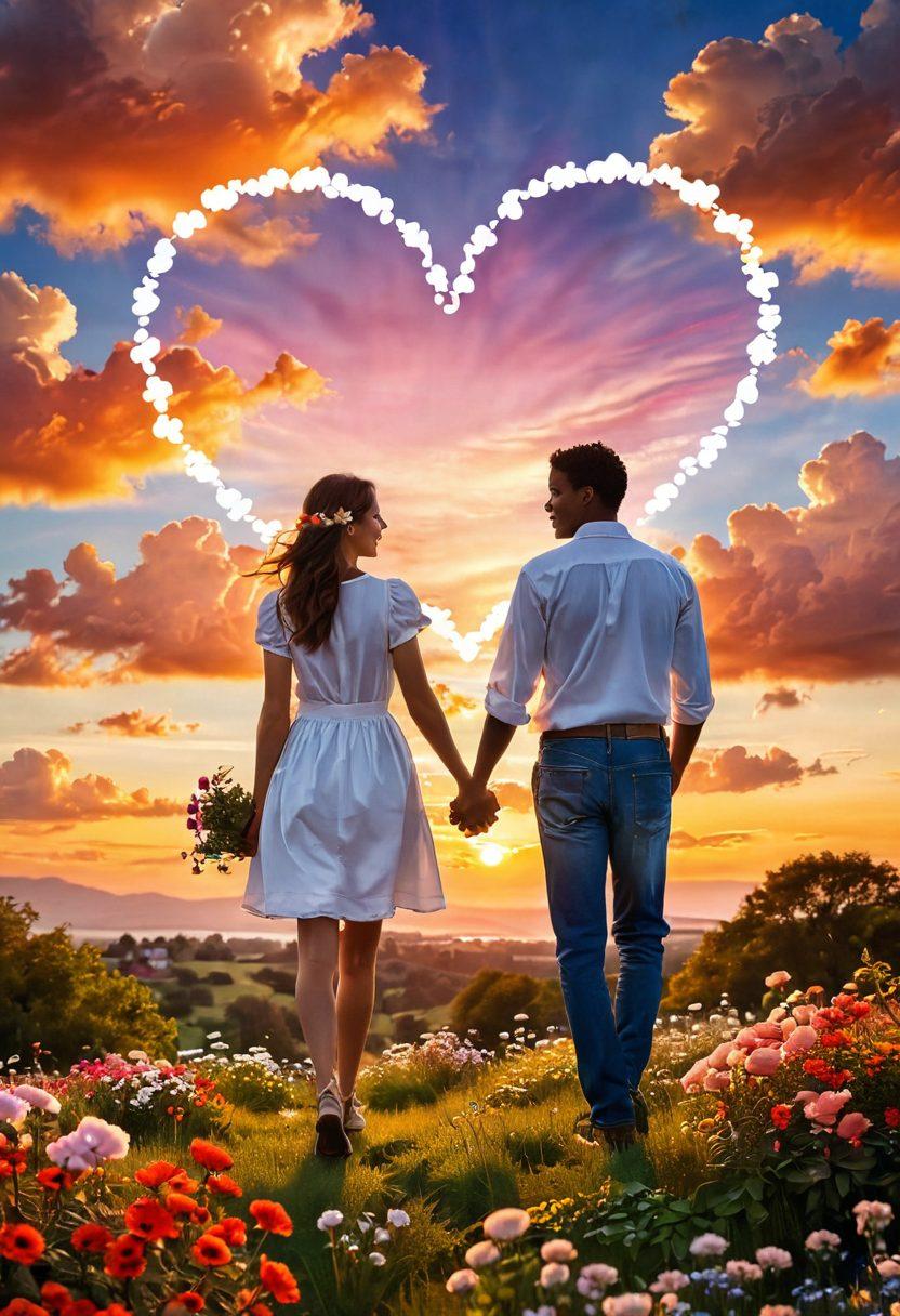 A charming couple holding hands in a picturesque sunset, surrounded by heart-shaped clouds and blooming flowers, symbolizing love and romance. Add subtle icons of dating tips like a heart, a calendar, and a chat bubble floating around them. The ambiance should exude warmth and intimacy, reflecting lasting love and connection. super-realistic. vibrant colors. soft focus.